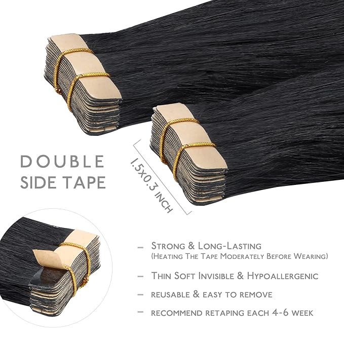 WENNALIFE Tape in Hair Extensions Human Hair, 20pcs 50g 24 inch Jet Black Remy Hair Extensions Straight Human Hair Tape in Extensions Skin Weft Tape Extensions Human Hair