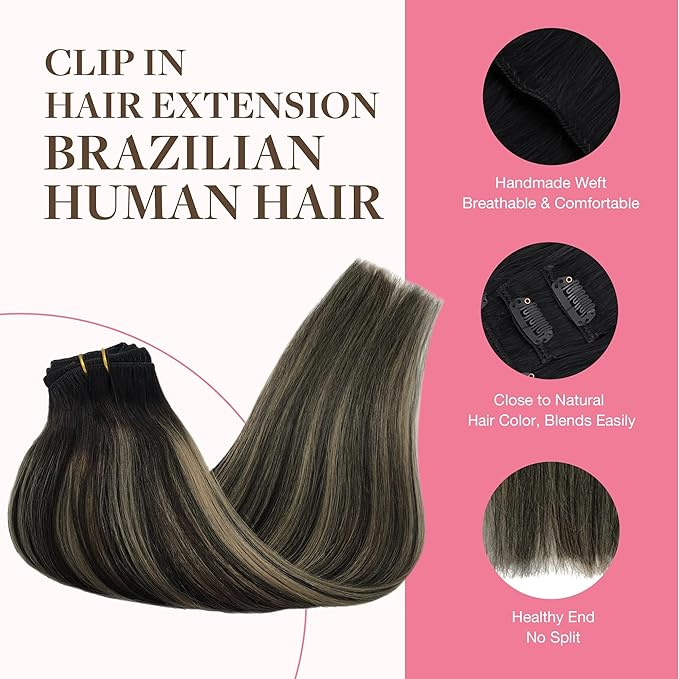 GOO GOO Clip in Hair Extensions Real Human Hair, Remy Human Hair Extensions Clip ins for Women, Natural Human Hair, 20inch 150g 9Pcs, 1B/16/1B Balayage Natural Black to Light Blonde