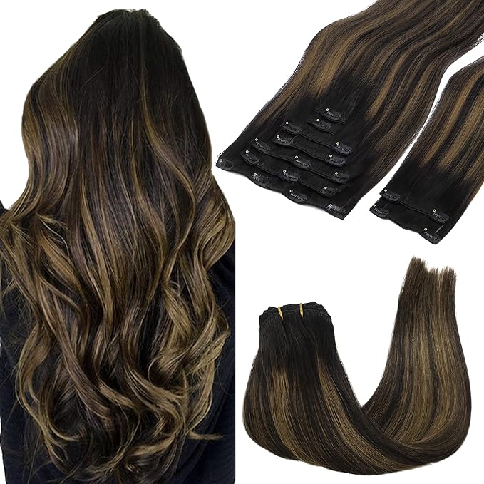 GOO GOO Clip in Hair Extensions Real Human Hair, Remy Human Hair Extensions Clip ins for Women, Natural Human Hair, 20inch 150g 9Pcs, 1B/6/1B Balayage Natural Black to Chestnut Brown