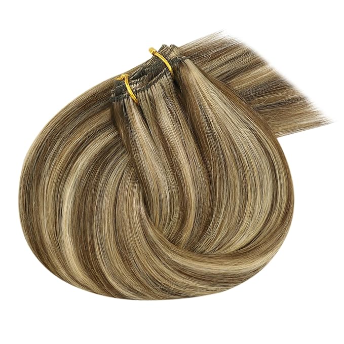 Ve Sunny Clip in Hair Extensions Real Human Hair Brown Clip in Hair Extensions Highlights Human Hair Clip in Extensions Dark Brown with Caramel Blonde Easy to Wear 100g 14inch 7pcs