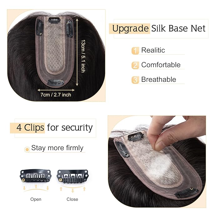 SEGO Human Hair Toppers for Women With Thinning Hair, 7 * 13CM Silk Base 100% Real Human Hair Clip in Top Wiglet Hairpieces -16 Inch No Bangs Natural Black