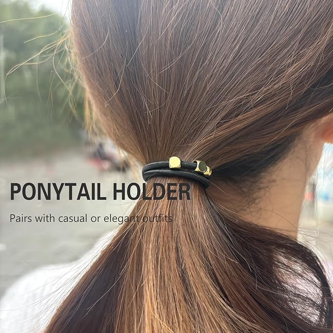 Black Bracelet Hair Ties for Women,5 Pack Cute 3mm Thick Elastic Ponytail Holders Accessories No Damage Stretchy Beaded Pony Tails Hair Tie with Gold Metal Charms Beads