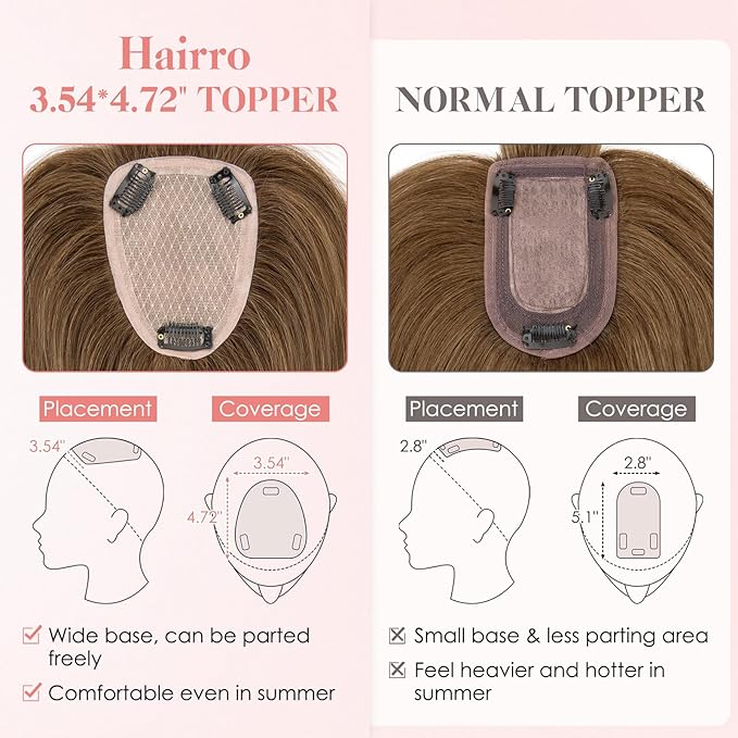Hairro Human Hair Toppers with Wispy Bangs, 3.5x4.7" Hand-wovened Base for Women with Thinning Hair, Lightweight & Breathable Realistic Scalp, Clip-in Hairpieces for Easy Wear, 10 Inch Medium Brown
