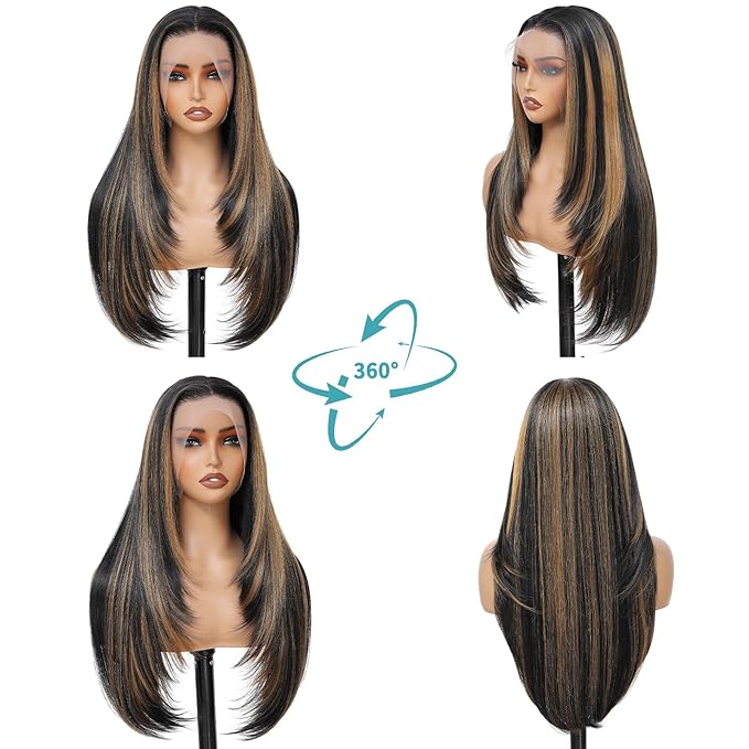 Synthetic Lace Front Wig 13x4 HD Lace Layered Hairstyle Pre Plucked Hairline Straight Long Black Glueless Wigs for Black Women 26 Inch Beginner Friendly