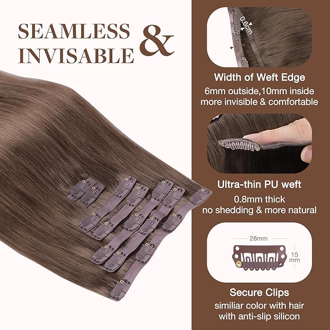 GOO GOO Clip in Hair Extensions Real Human Hair, Remy Human Hair Extensions Clip ins for Women, Natural Human Hair, 22inch 150g 7Pcs, 5 Light Ash Brown