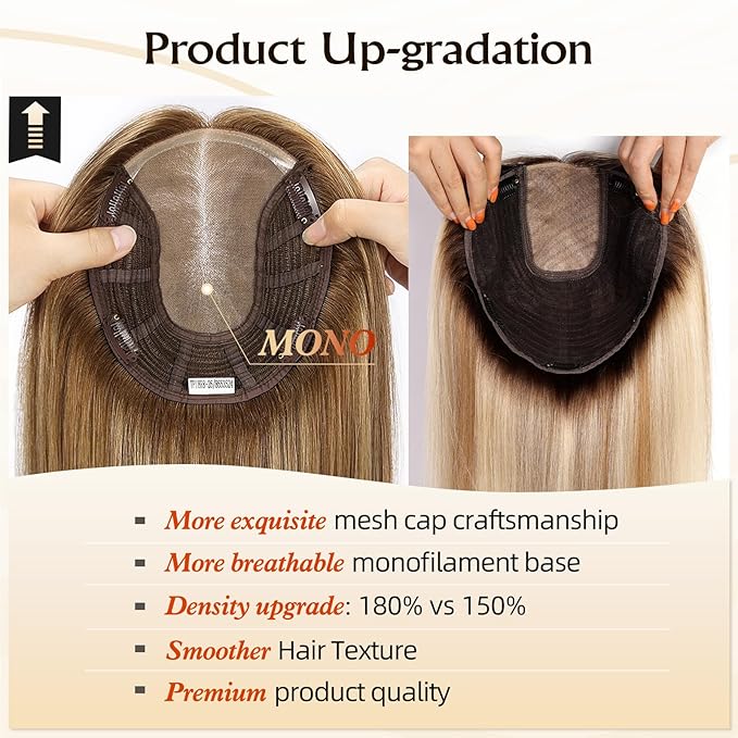 Large MONO Top Hair Toppers for Women Remy Human Hair 14 Inch 6"x7" Big Base Partial wig Cover Thinning Hair or Loss No Bangs Natural Wiglets(Light Brown Highlights)