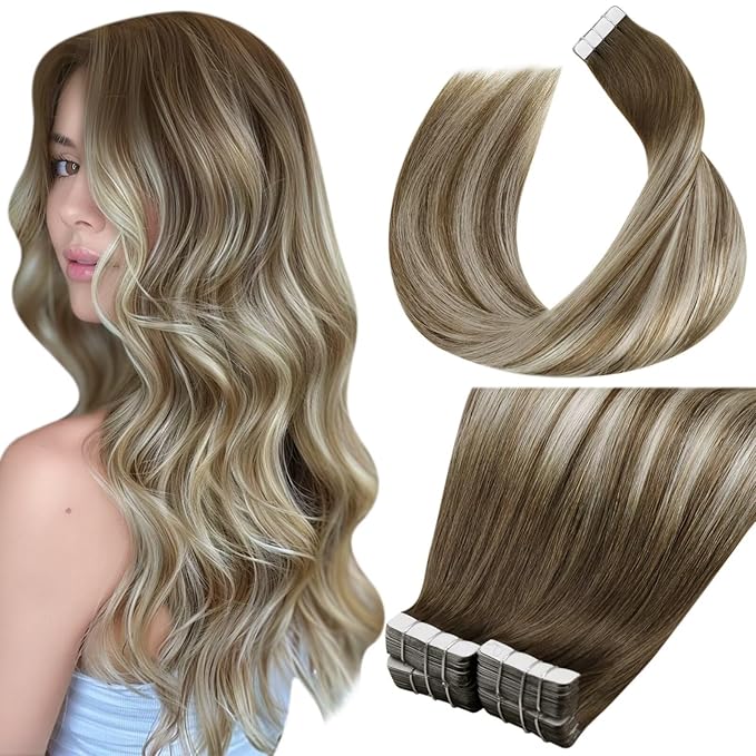 LaaVoo Tape in Hair Extensions Human Hair Tape in Extensions Remy 100g Ash Brown to Blonde Mix with Platinum Blonde 18 Inch 40pcs