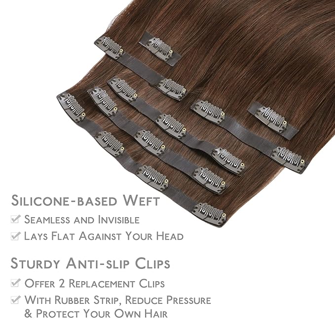 WENNALIFE Seamless Clip In Hair Extensions, 20 Inch 150g 7pcs Chocolate Brown Hair Extensions Clip in Human Hair Invisible PU Skin Weft Natural Remy Human Hair Extensions