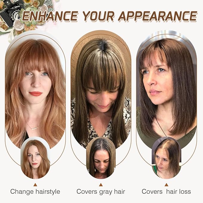 Rich Choices Real Human Hair Topper for Women With Bang - 100% Remy Human Hair for Thinning Hair, Clip in Silk Base, 16 Inch #6 Light Brown