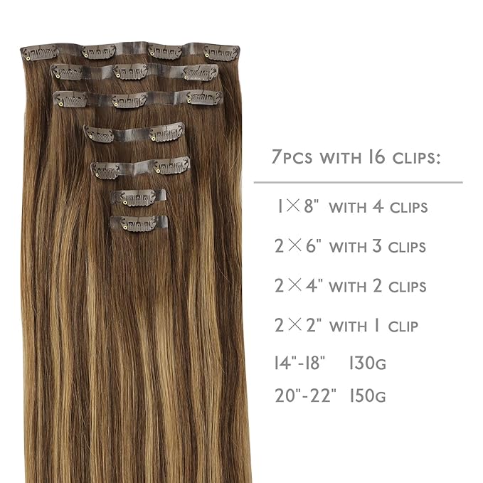 WENNALIFE Seamless Clip In Hair Extensions, 18 Inch 130g 7pcs Balayage Chocolate Brown to Caramel Blonde Hair Extensions Clip in Human Hair Invisible PU Skin Weft Natural Remy Human Hair Extensions