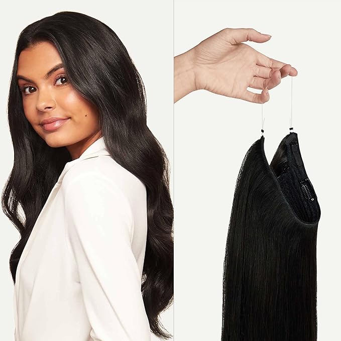 Luxy 100% Remy Human Hair – Halo Clip-In Hair Extensions –Natural Looking Volume & Length - One-Piece - Easy 5-Min Application 140 grams 16"Off Black Halo Clip-In