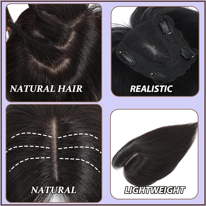 Hair Toppers for Women Real Human Hair, 360°3D Topper for Women with Thinning Crown Wispy Clip in Bangs Breathable Hand Tied Craft Big Coverage Hairpieces(Black（Big Coverage）, 14 Inch-3D-Wispy)