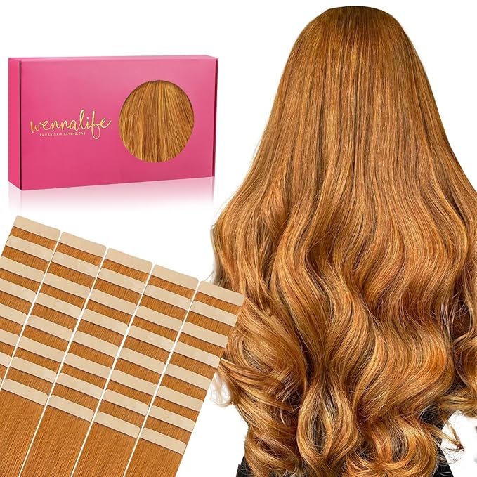 WENNALIFE Tape in Hair Extensions Human Hair, 40pcs 80g 12 inch Auburn Ginger Remy Hair Straight Invisible Reusable Real Hair Extensiones De Cabello Humano Skin Weft