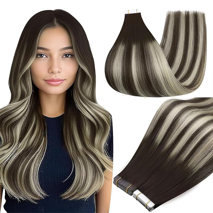Full Shine Remy Tape in Hair Extensions Real Human Hair Color 2/60/2 Brown Ombre Blonde Highlight Brown Human Hair Extensions Tape in 20Inch Long Straight Hair Extension 50G 20Pcs