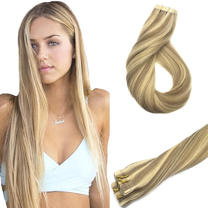 GOO GOO Tape in Hair Extensions Human Hair, 16/22 Light Blonde Highlighted Golden Blonde, 26inch 60g 20pcs, Skin Weft Seamless Invisible, Silky Straight with Thick Ends, Remy Human Hair