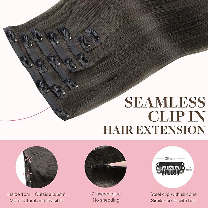 GOO GOO Clip in Hair Extensions Real Human Hair, Remy Human Hair Extensions Clip ins for Women, Natural Human Hair, 20inch 110g 7Pcs, 1C Mocha Brown