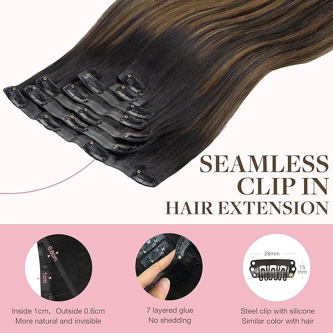 GOO GOO Clip in Hair Extensions Real Human Hair, Remy Human Hair Extensions Clip ins for Women, Natural Human Hair, 16inch 110g 7Pcs, 1B/6/1B Balayage Natural Black to Chestnut Brown