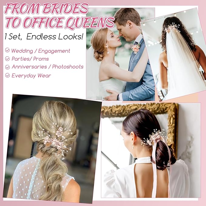Wedding Flower Hair Accessories for Women: 4pcs Leaf and Flower Hair Combs for Women Accessories - Crystal Pearl Wedding Flower Clips Headpiece for Brides Bridesmaids Girls Updo (Pink)