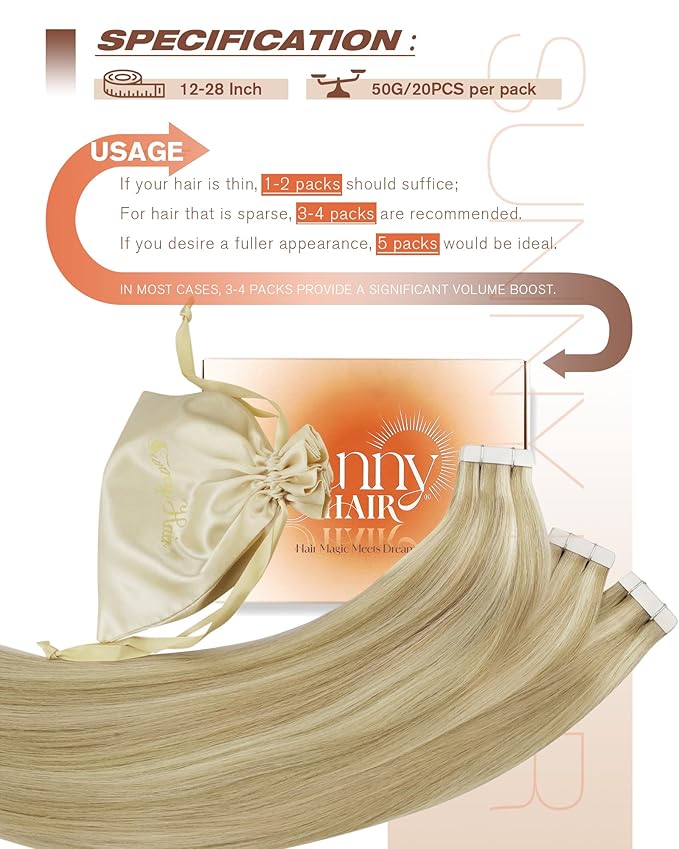 Sunny Hair Tape in Hair Extensions Real Human Hair Invisible Remy Hair Extensions Tape ins for Women Dark Blonde Highlights Light Blonde 14 inch 20Pcs 50G