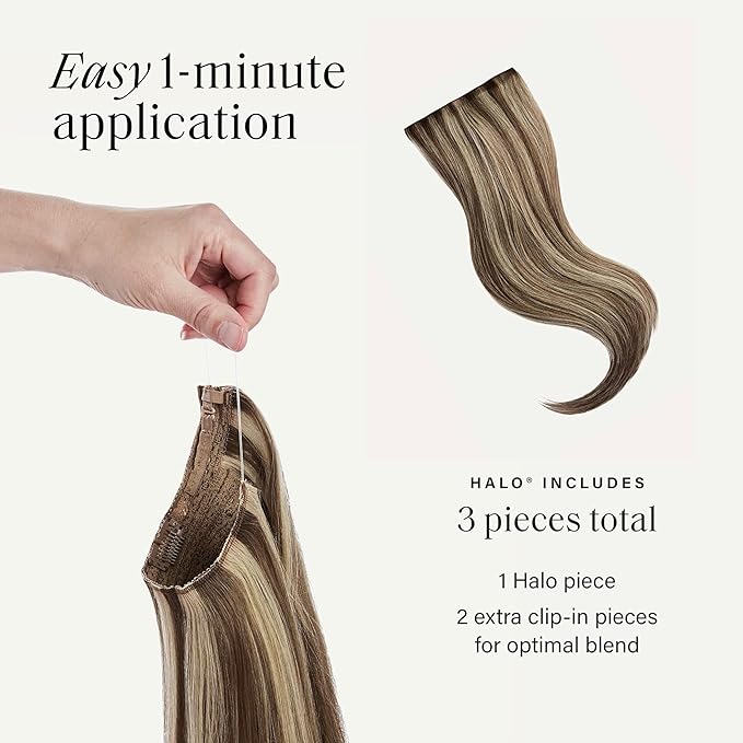 Luxy 100% Remy Human Hair – Halo Clip-In Hair Extensions –Natural Looking Volume & Length - One-Piece - Easy 5-Min Application 150 grams 12" Ash Brown Highlights