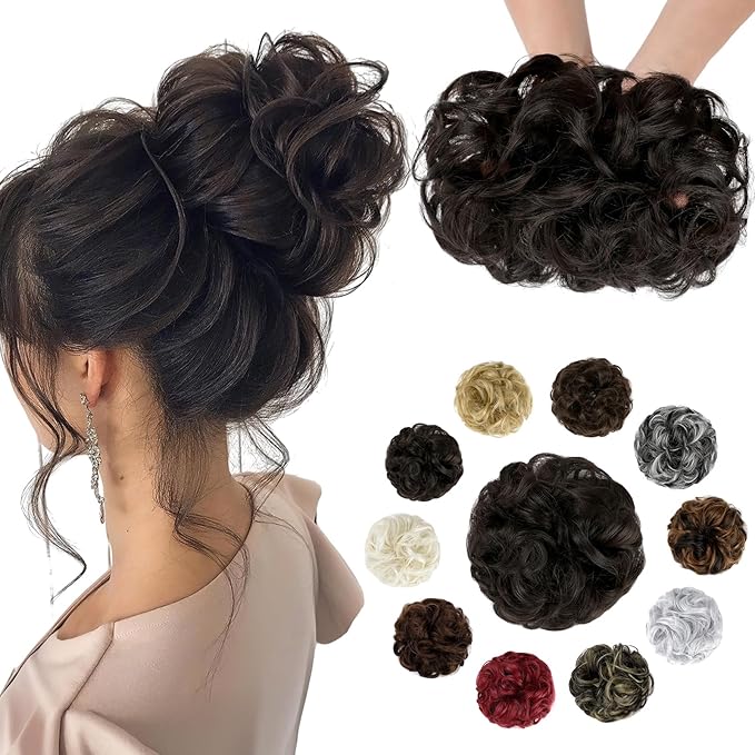 Messy Bun Hair Piece Wavy Curly Scrunchies Fluffy Donut Thick Updo Elegant Chignon Hairpieces for Women Girls, Dark Brown 1.4oz