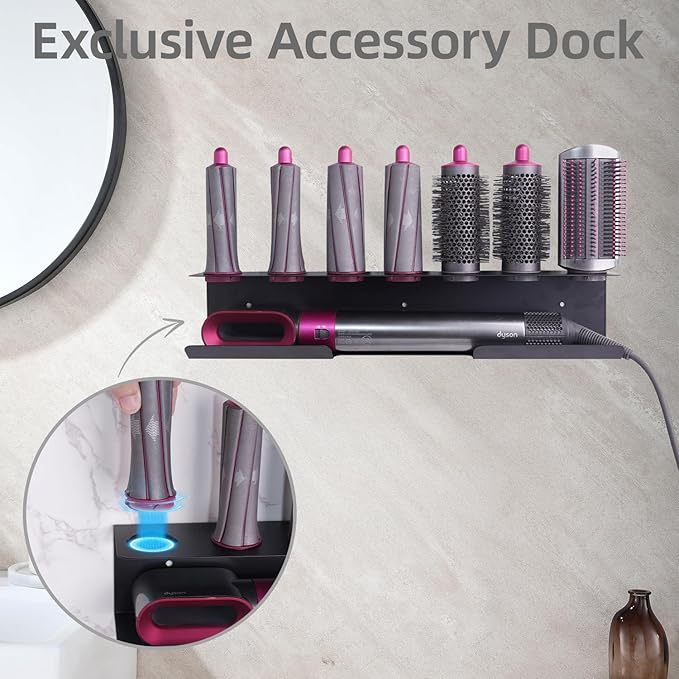 Dyson Airwrap Holder, Aluminum Dyson Airwrap Wall Mount Black with 7 Custom Slots & Cable Hook, Dyson Organizer Wall Mounted for Bathroom BANJEKT