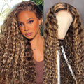 210% Density 13x6 Highlight Ombre Full Lace Frontal Wigs Human Hair 12A Deep Wave Brazilian Human Hair Pre Plucked 4/27 Honey Blonde HD Glueless Transparent Lace 16 Inch