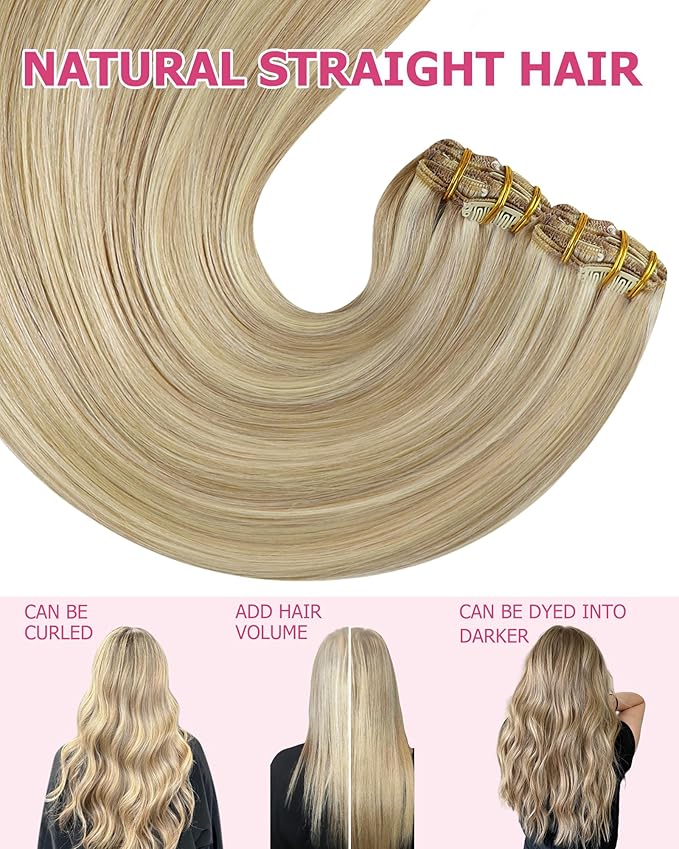 YoungSee 135G Clip in Human Hair Extension Blonde Highlight Clip in Hair Extensions Light Blonde Highlights Golden Blond Clip in Extensions Real Human Hair Dyable Remy Hair 16In 7Pcs