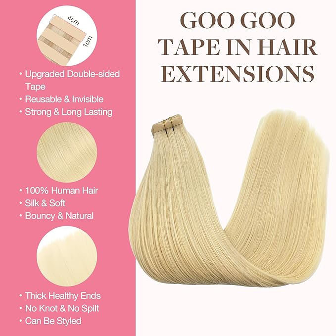 GOO GOO Tape in Hair Extensions Human Hair, 613R Bleach Blonde, 26inch 120g 40pcs, Skin Weft Seamless Invisible, Silky Straight with Thick Ends, Remy Human Hair