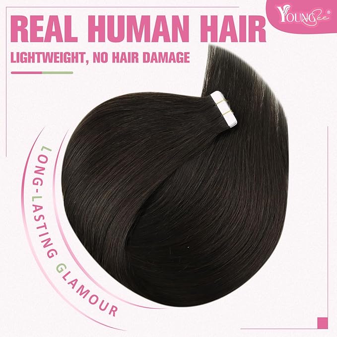 YoungSee Seamless Tape in Extensions Human Hair Dark Brown Tapes Hair Extensions Real Human Hair Brown Hair Extension Tape-in Remy 20 Inch 20pcs 50g Silky Straight Hair