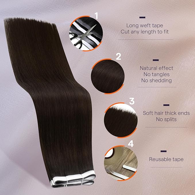 Full Shine Invisible Tape in Hair Extensions Color Dark Brown PU Wide Tape in Weft Hair Extensions Seamless Remy Double Sided Tape ins Extensions 50G 24Inch Straight Hair One Piece for Wedding