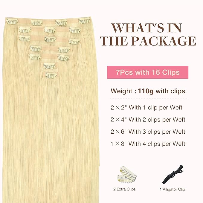 GOO GOO Clip in Hair Extensions Real Human Hair, Remy Human Hair Extensions Clip ins for Women, Natural Human Hair, 14inch 110g 7Pcs, 22F Light Golden Blonde