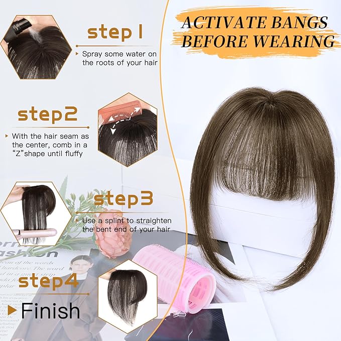 NAYOO Hair Toppers for Women Real Human Hair, 360° Cover Clips in Full Fringe Fake Bangs Hair Pieces for Women Girls Daily Wear(Light Brown)
