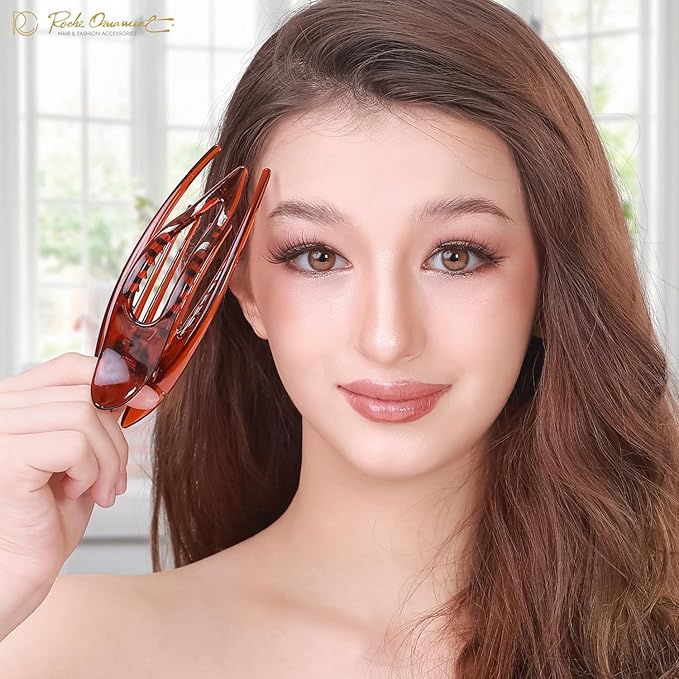 RC ROCHE 6 Pcs Flat Hair Clips Big Claw for Thick Hair French Duckbill Women No Slip Side Slide Curved Alligator Concord Strong Grip Hold Volume Lay Down Clamp, Large Brown