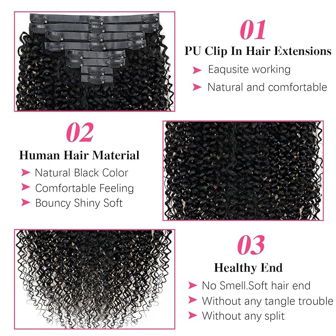 26 Inch Seamless Kinky Curly Clip Ins for Women 3c 4a Kinky Curly Clip in Extension Human Hair Brazilian Remy Human Hair Extensions Natural Color Clip ins 8 Pcs with 18 Clips 120g/Set