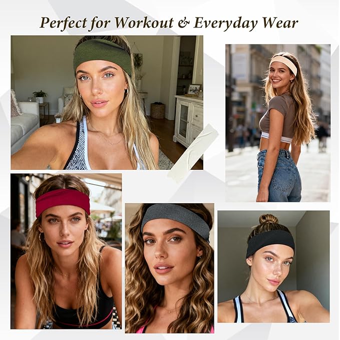 Sweat Bands Headbands for Women's Hair - 6 Pack Workout Wide Headband for Women Non Slip, Stretchy Athletic Head Band, Elastic Soft Fabric Hairbands, Sweatbands for Yoga Running Gym Sports Exercise