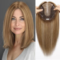 Large MONO Top Hair Toppers for Women Remy Human Hair 14 Inch 6"x7" Big Base Partial wig Cover Thinning Hair or Loss No Bangs Natural Wiglets(Light Brown Highlights)