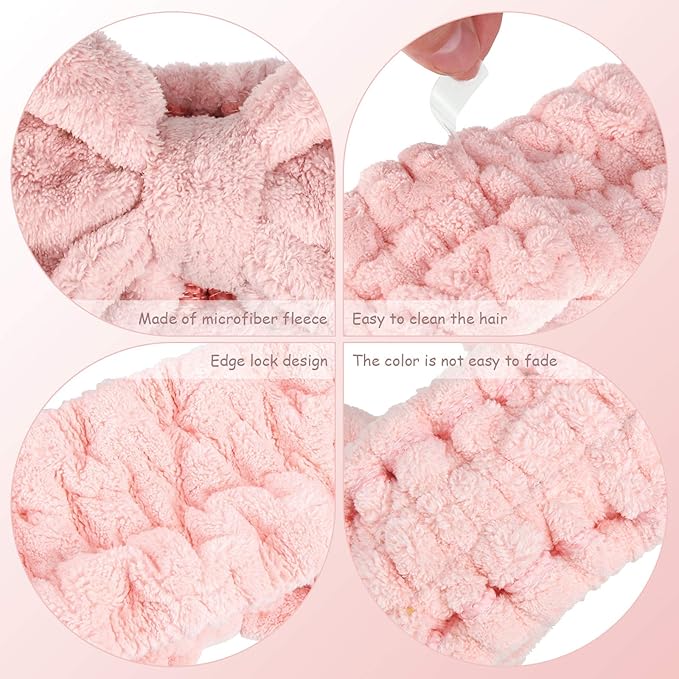 3 Pieces Wash Face Headband Makeup Spa Headband Towel Terry Hair Bands Microfiber Bowtie Headbands Shower Facial Adjustable Headband for Women (Pink, Blue, White)