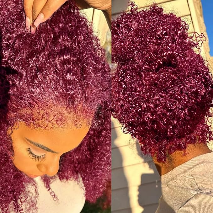 360 Deep Wave Lace Front Wigs Human Hair Burgundy Wig Human Hair Invisible Strap Pre Plucked Hidden Strap Pre Cut Lace Deep Wave HD Lace Frontal Wig with Drawstring 360 Glueless Wigs(24inch)