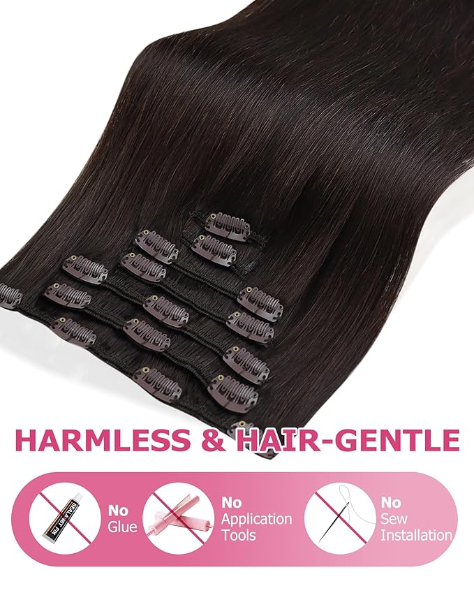 YoungSee 150G Clip in Human Hair Extension Brown Clip in Extensions Real Human Hair Darkest Brown Clip on Hair Extensions for Women 20Inch 7Pcs