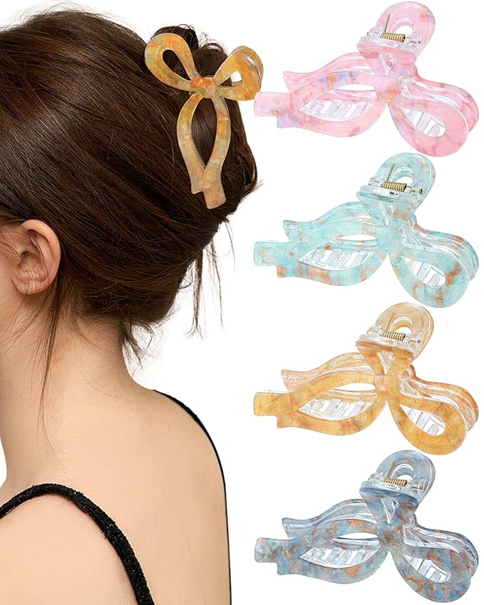 Mesovor 4 Pack Bow Hair Claw Clips for Women, Nonslip 4.3" Large Hair Grip Clawclips for Thin and Thick | Bowknot Hair Strong Hold Hair Jaw Clamps Gifts (Pink, Blue, Yellow, Gray)