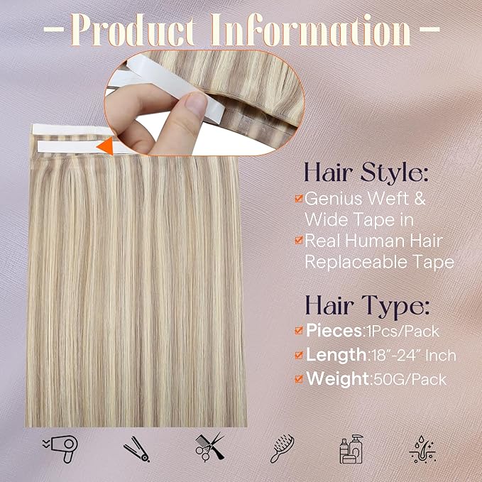 Full Shine Human Hair Extensions Tape in Color 18/613 Highlight Blonde Long Tape Weft Invisible Tape in Weft Hair Exensions Human Hair Weft Extensions 50G One Piece Travel Friendly Styling 20Inch