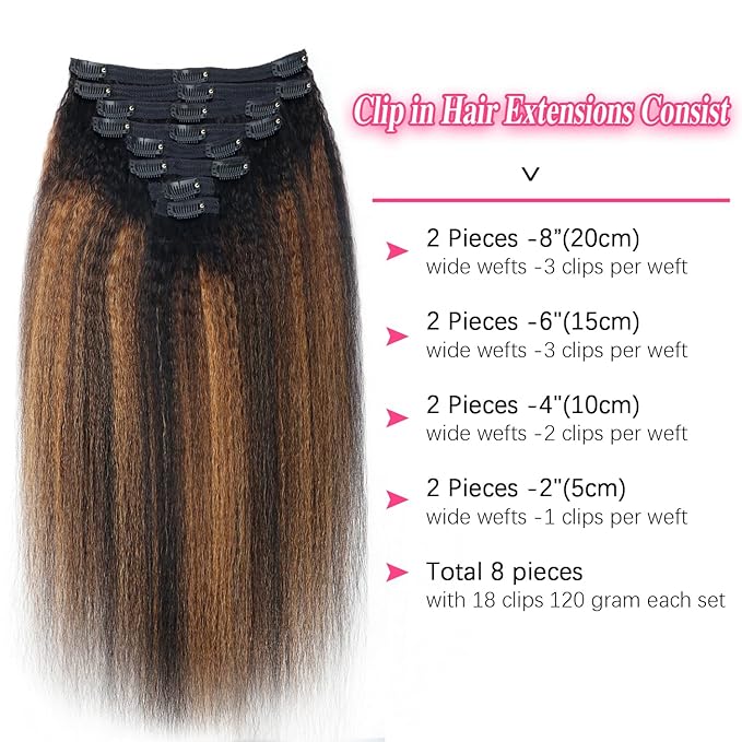Kinky Straight Clip in Hair Extensions Real Human Hair For Women Highlight Hair Extensions Kinky Straight Clip ins (16inch,T1BP1B/30)