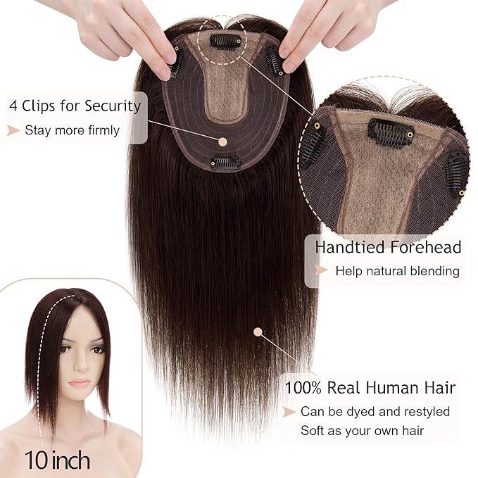 Hair Toppers for Women Real Human Hair No Bangs, 13 * 15 cm Larger Silk Base 150% Density Clip In Topper Hairpieces, Wiglet Top Pieces Add Volume -12 Inch 02 Dark Brown