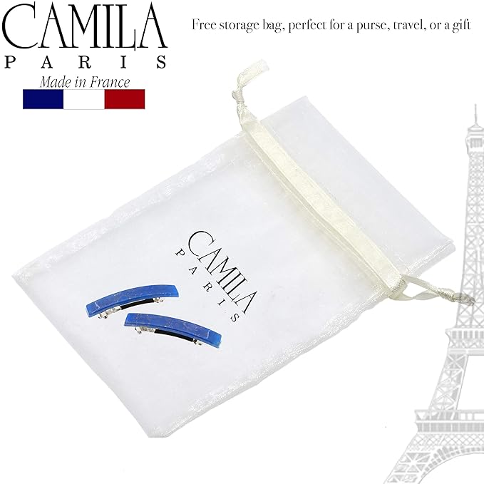 Camila Paris CP3042 French Hair Barrette Clip for Girls, Set of 2 Blue Rubberized Metal Clasp Strong Hold Grip Hair Clips for Women, No Slip Durable Styling Girls Hair Accessories, Made in France