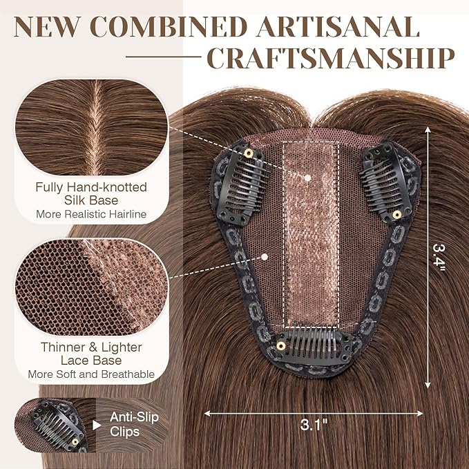 S-noilite Hair Toppers for Women Real Human Hair 3D 360° Cover Clip in 100% Real Human Hair Toppers 3″*4″ Clip in Silk Base 12 inch Dark Brown