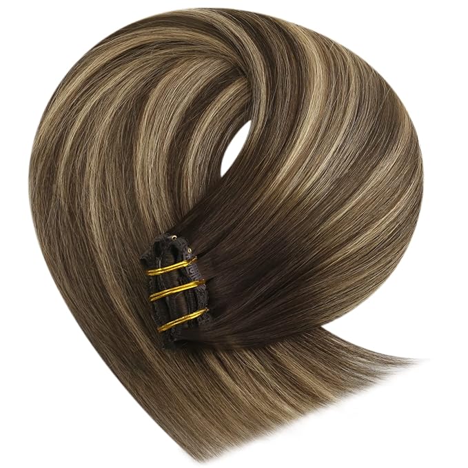 YoungSee Balayage Clip in Hair Extensions Human Hair 12inch Clip on Hair Extensions Dark Brown with Caramel Blonde Balayage Human Hair Clip in Extension for Short Hair Brown Hair Extension 7pcs 80g