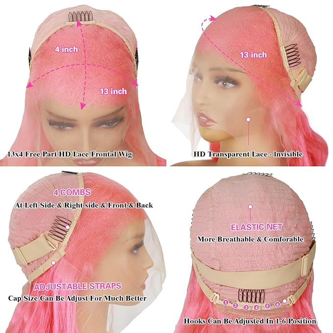 Pink Lace Front Wig Human Hair 12A 13x4 200 Density Body Wave Pink Frontal Hd Lace Pre Plucked With Baby Hair Glueless Wig 32 Inch