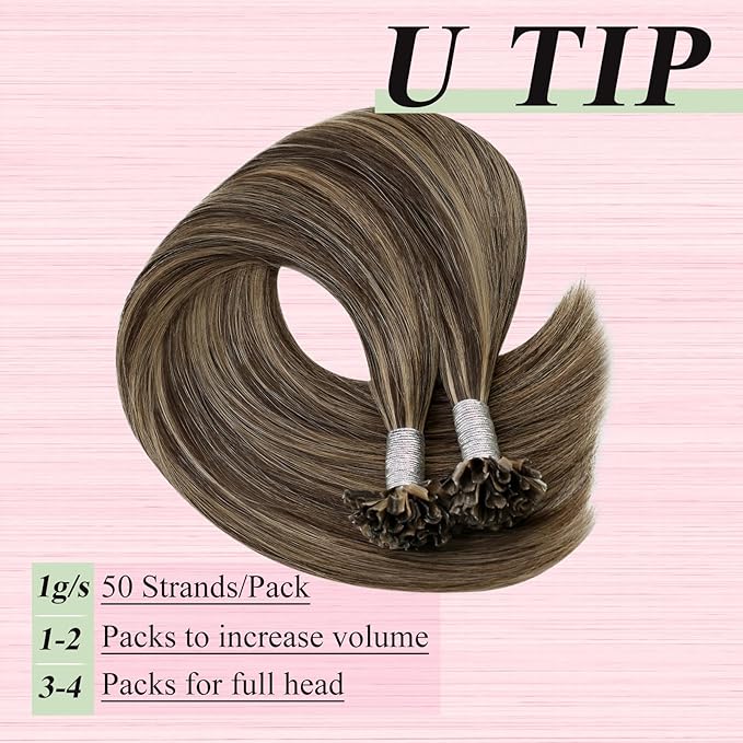 YoungSee Utip Hair Extensions Human Hair Highlight U Tip Hair Extensions Human Hair Brown with Blonde Ktip Hair Extension Real Hair Brown U-Tips Hair Extension 18In 1G/S 50G