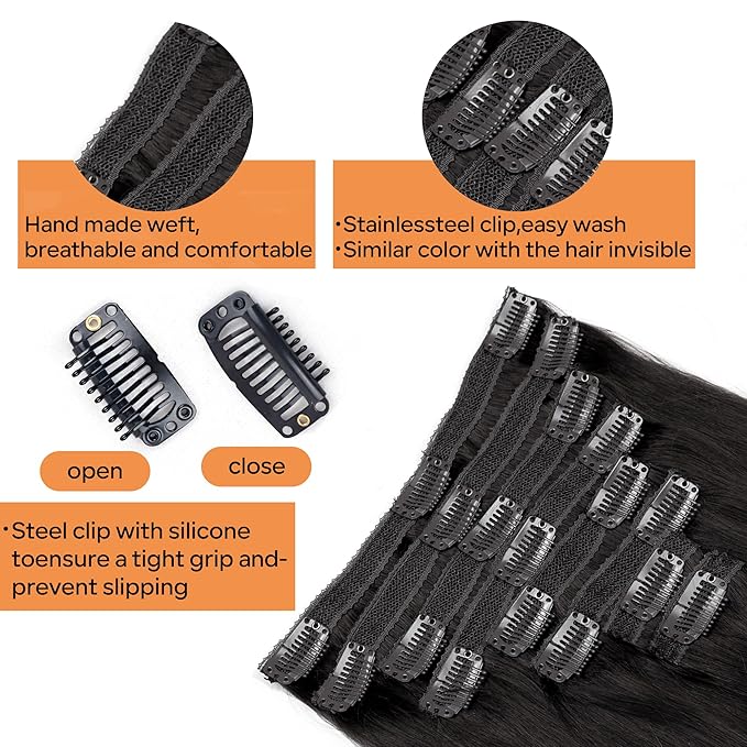 Straight Clip In Hair Extensions Real Human Hair 8Pcs Clip In Jet Black Human Hair Extensions with 18Clips Lace Weft 120g 16inch